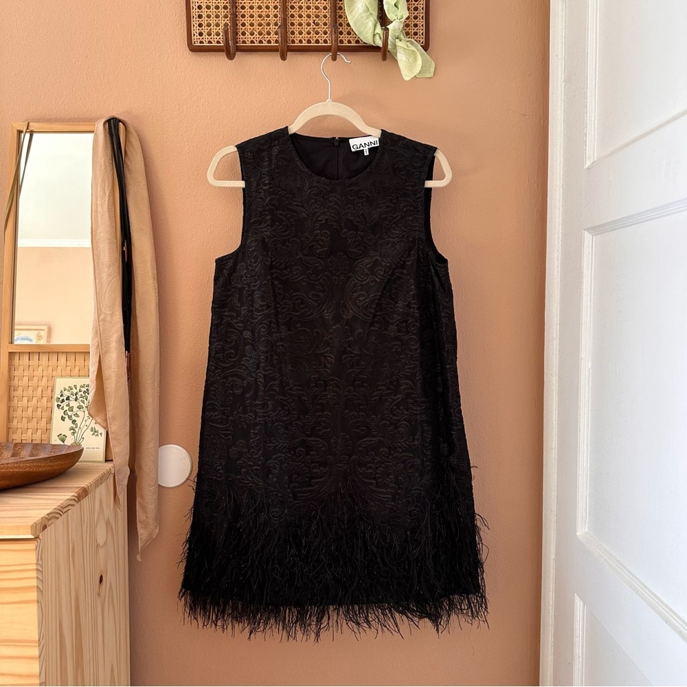 Ganni Jacquard Floral Embroidered Feather Dress